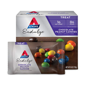 Atkins Endulge packaging shows a low-sugar chocolate peanut treat for dessert or snack.