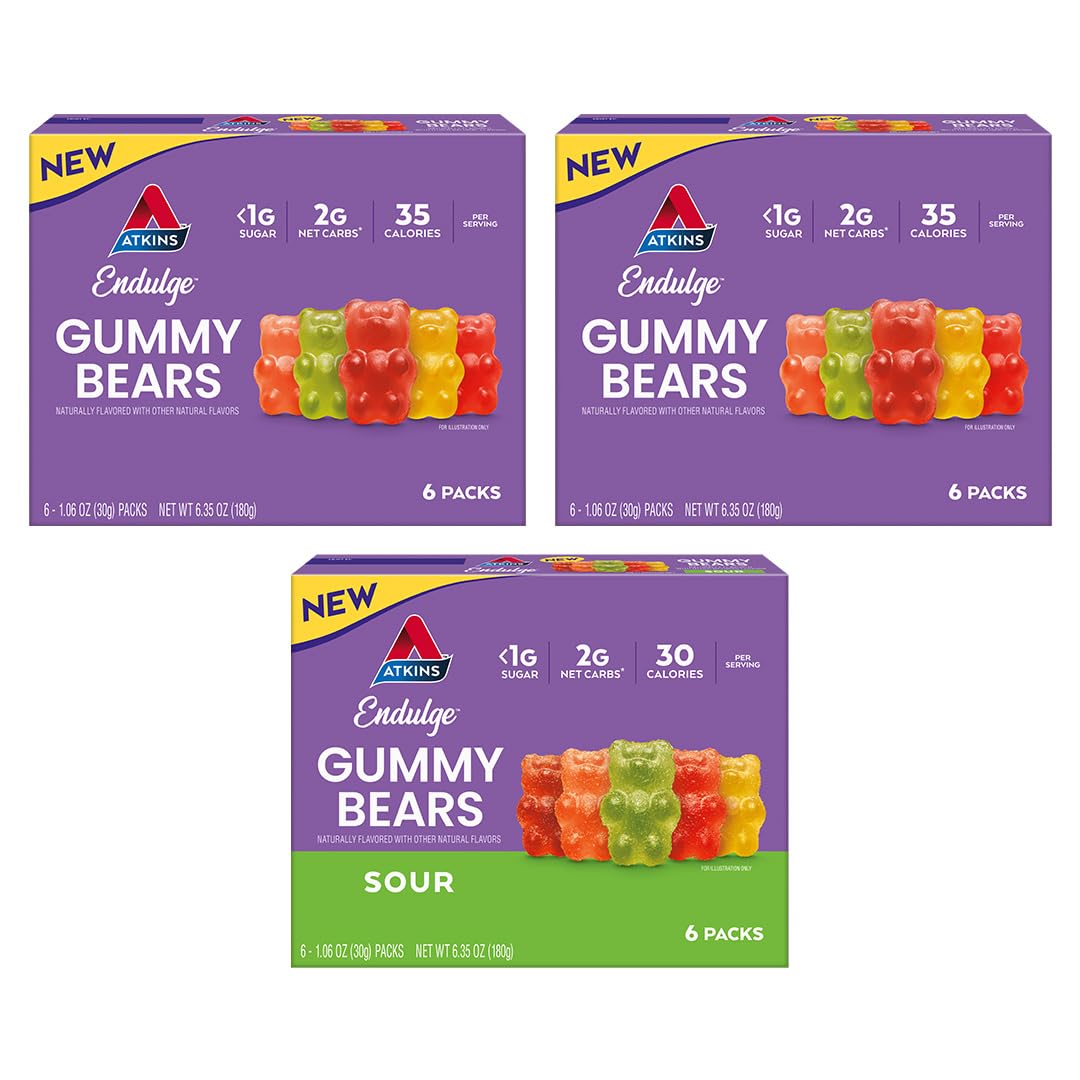 Atkins Endulge Gummy Bears Variety Pack front box for keto snacking