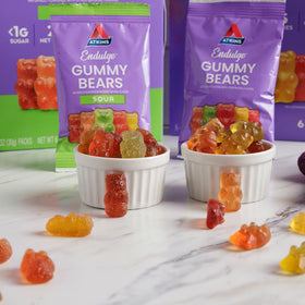 Atkins Endulge Gummy Bears box showing sour flavors for bold snacking