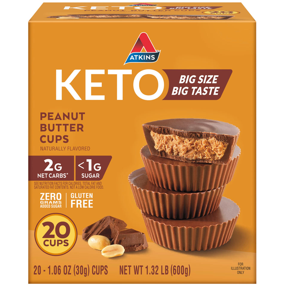 Atkins Keto Peanut Butter Cups packaging shown for convenient snacking