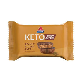 Atkins Keto Peanut Butter Cups unwrapped closeup reveals creamy filling and chocolate coating for quick low-carb snack