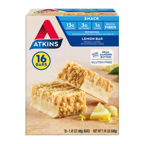 Atkins Lemon Snack Bar packaging showcases keto-friendly protein and bright citrus flavor.