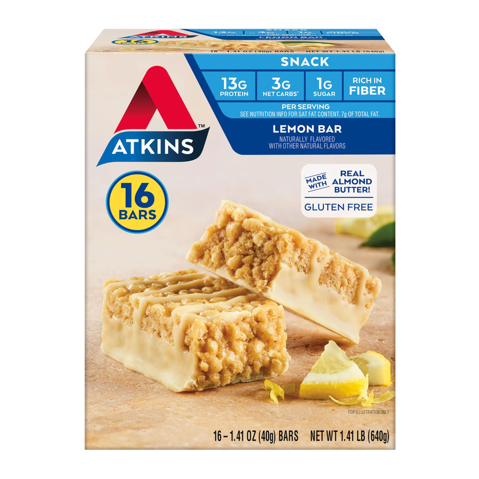 Atkins Lemon Snack Bar packaging showcases keto-friendly protein and bright citrus flavor.