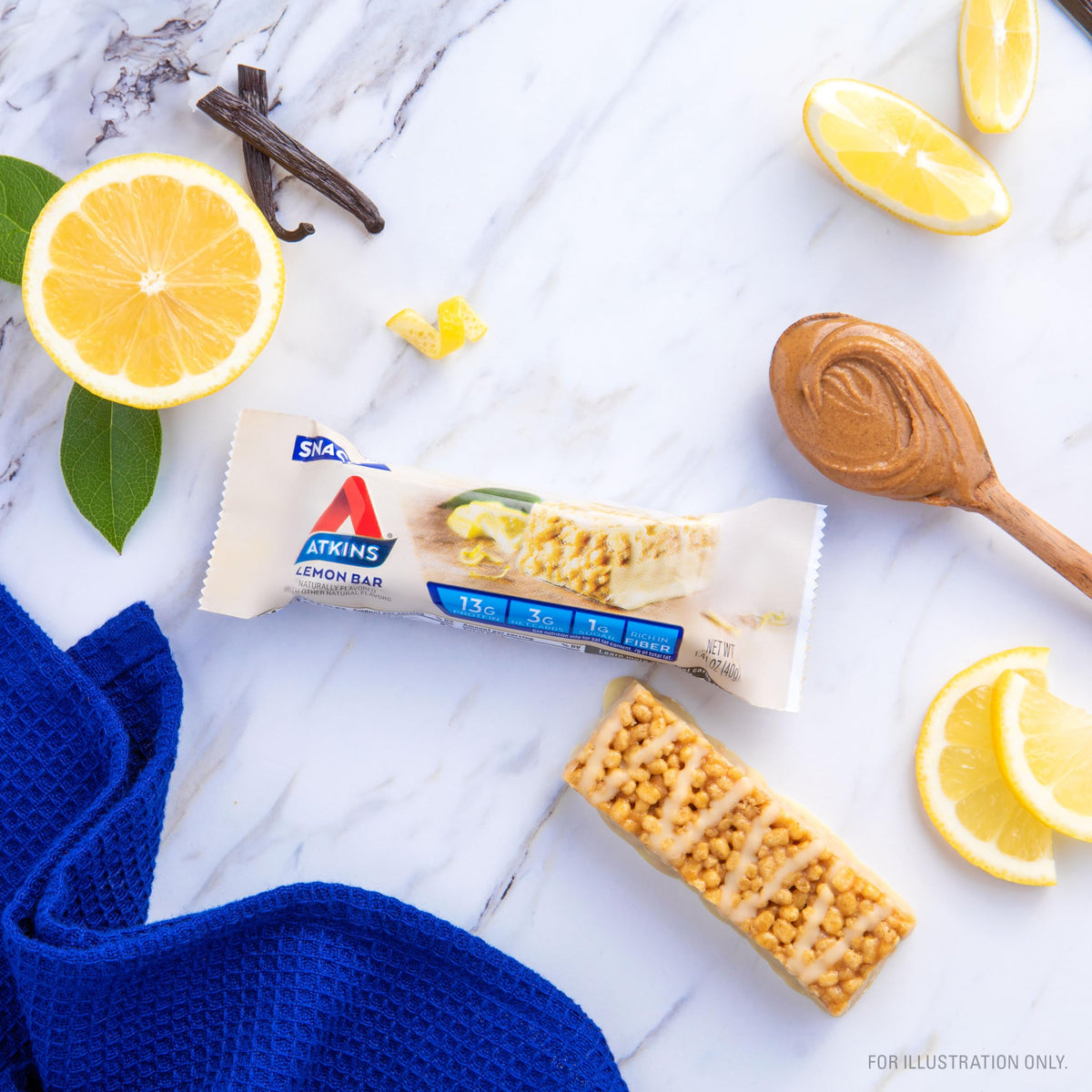 Atkins Lemon Snack Bar served with lunch suggests convenient midday nourishment.