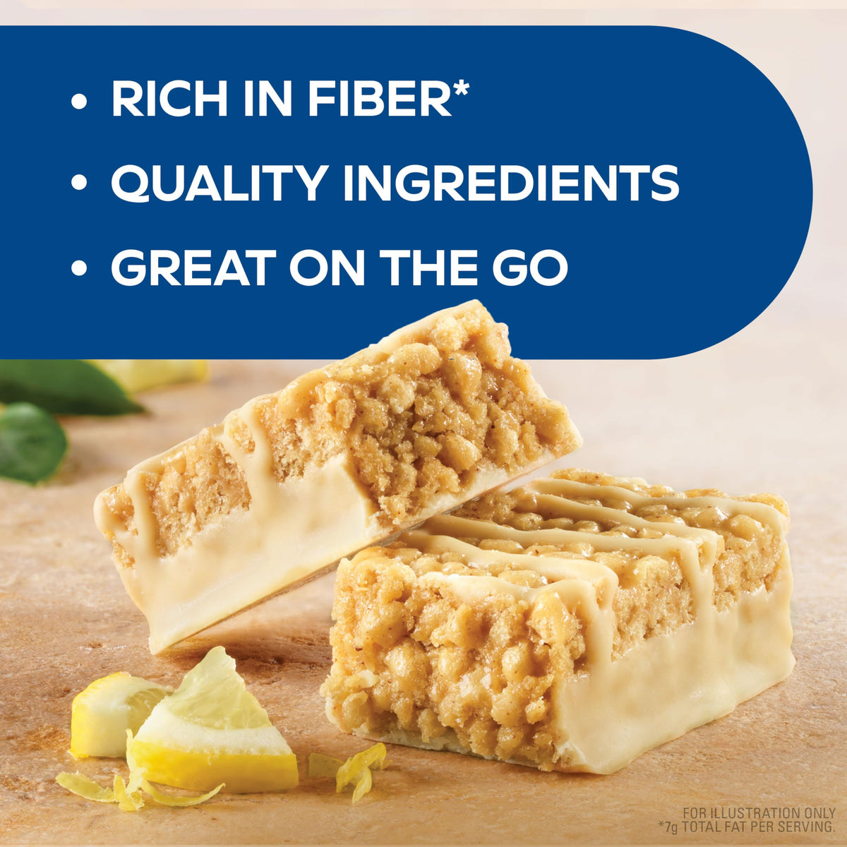 Atkins Lemon Snack Bar side view emphasizes portable, on-the-go snack appeal.