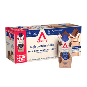 Atkins Milk Chocolate Delight bottle pour demonstrates convenient on-the-go protein.