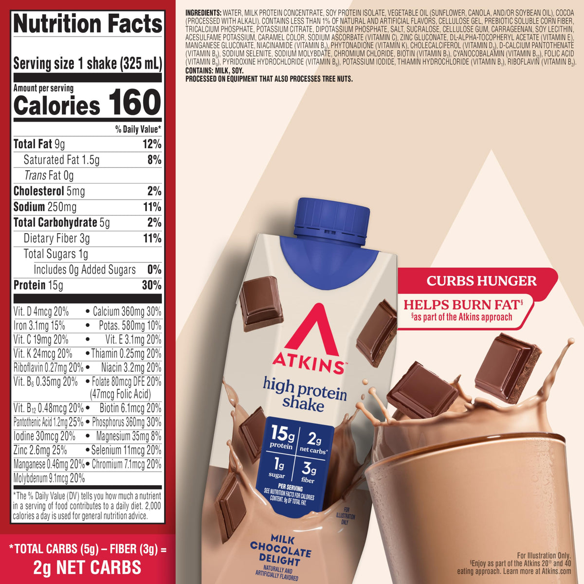 Atkins Milk Chocolate Delight nutrition panel highlights 15g protein per shake.