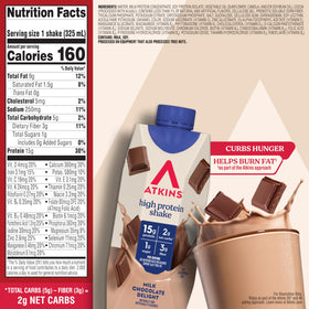 Atkins Milk Chocolate Delight nutrition panel highlights 15g protein per shake.