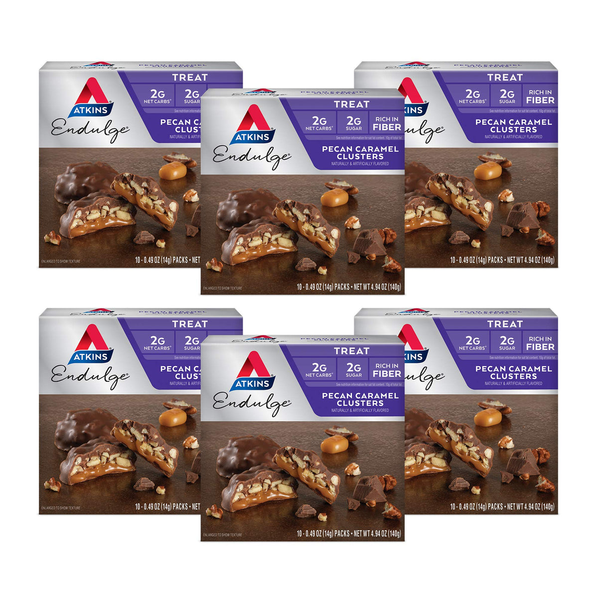 Atkins Pecan Caramel Clusters box front highlighting a fiber-rich, low-carb dessert option.