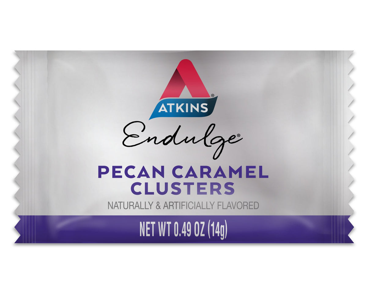 Atkins Endulge Pecan Caramel Clusters, individually wrapped for on-the-go snacking.