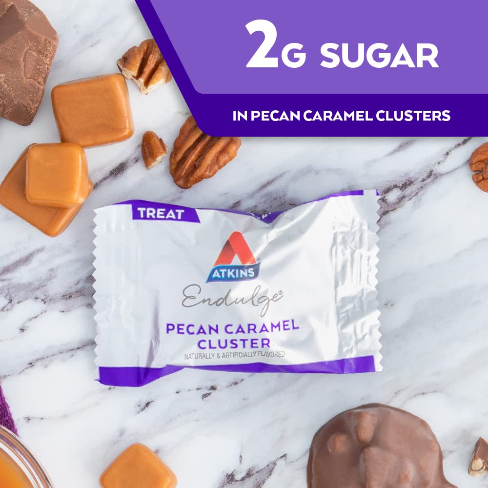 Multi-pack box of Atkins Endulge Pecan Caramel Clusters for sharing or personal treats.