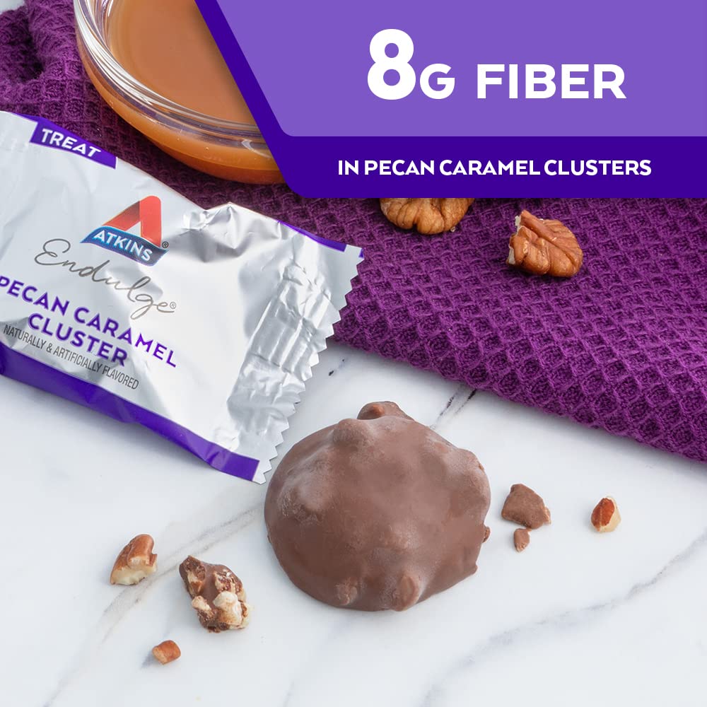 Close-up of pecans and caramel in Atkins clusters showing texture.