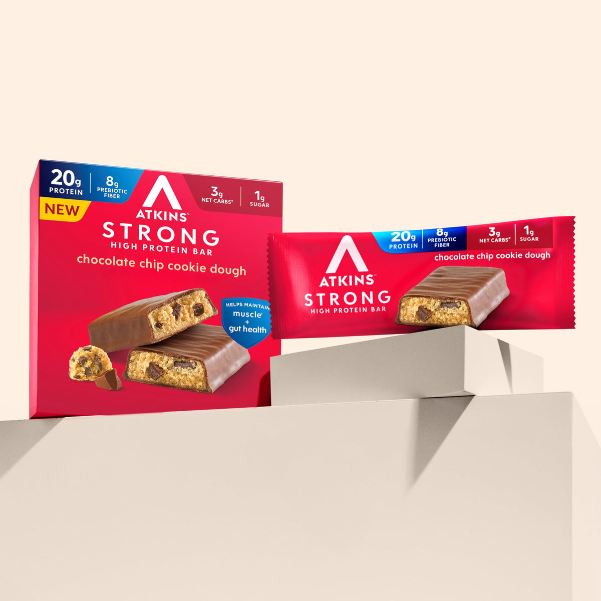 Close-up of Atkins Strong chocolate coating and cookie dough texture.