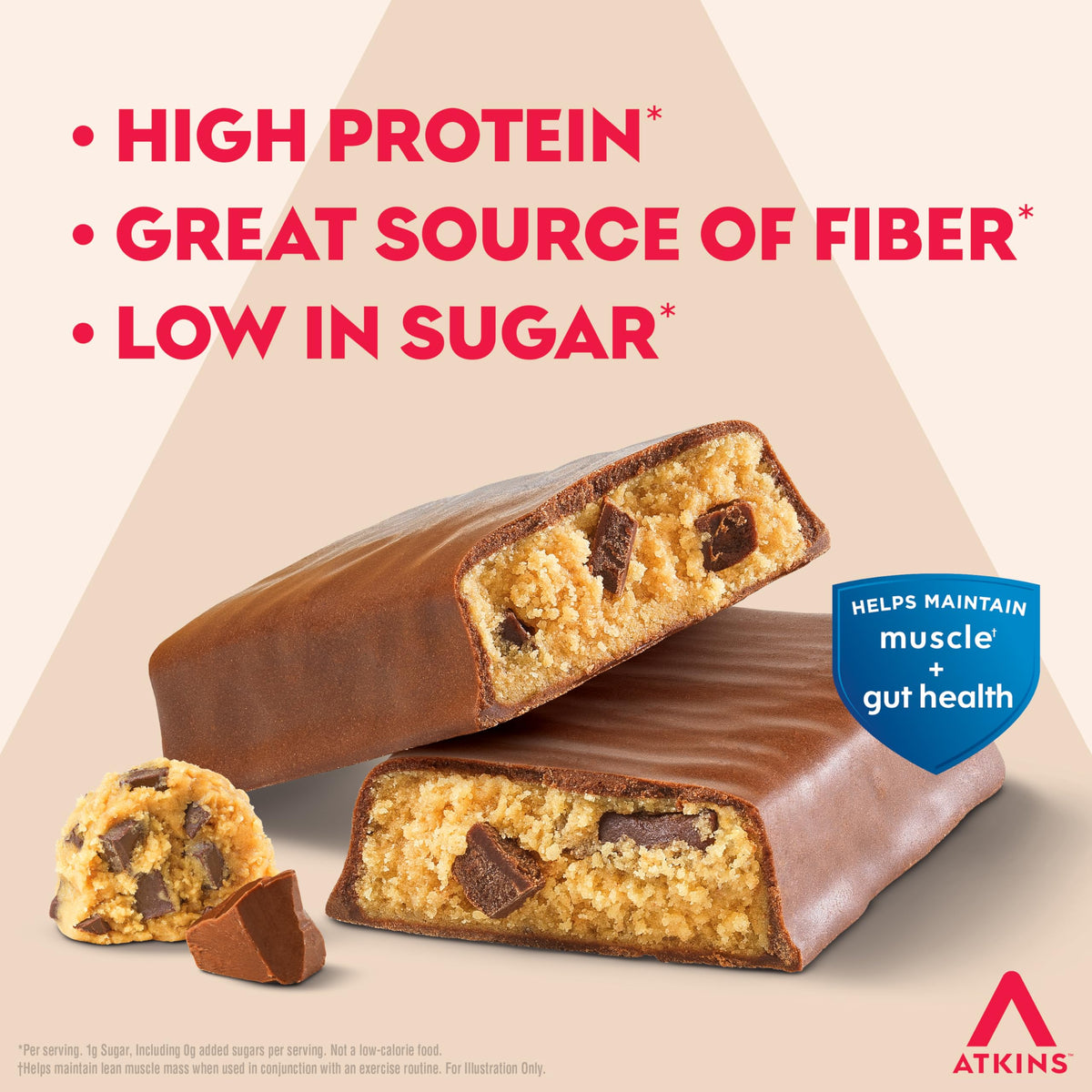 Atkins Strong packaging highlighting six boxes for convenient snacking.