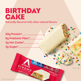 Atkins Strong Birthday Cake bar nutrition panel shown, supports daily protein intake.