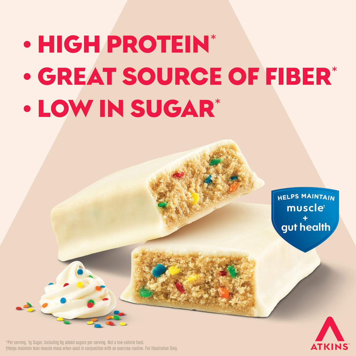 Atkins Strong Birthday Cake bar package box, convenient six-pack packaging.