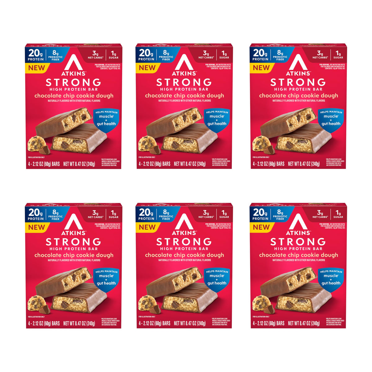 Atkins Strong chocolate chip cookie dough bar ready for a high-protein snack.