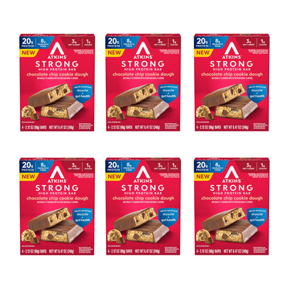 Atkins Strong chocolate chip cookie dough bar ready for a high-protein snack.