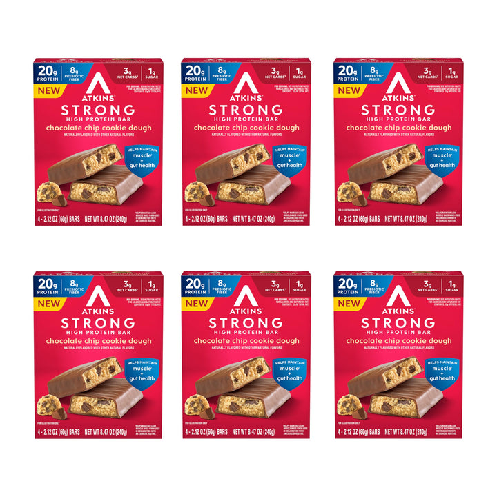 Atkins Strong chocolate chip cookie dough bar ready for a high-protein snack.