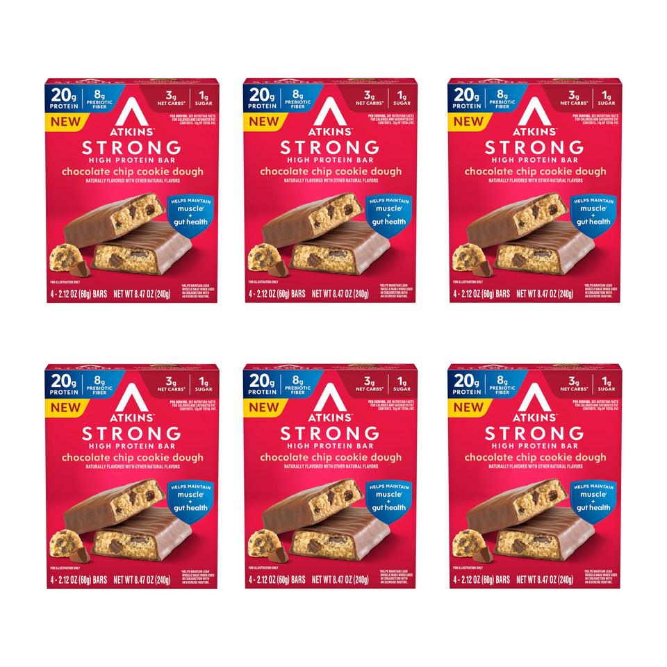 Atkins Strong chocolate chip cookie dough bar ready for a high-protein snack.