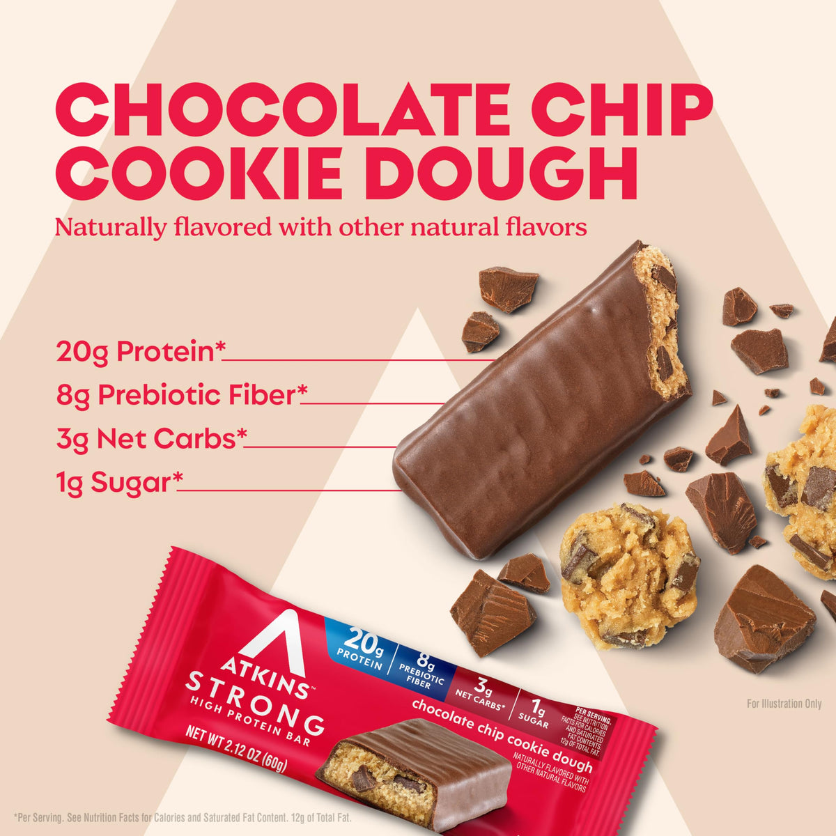 Close-up of Atkins Strong bar texture and chocolate coating for cravings.