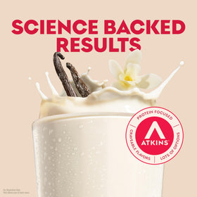Atkins 12-pack ready-to-drink vanilla shakes for easy portion control.