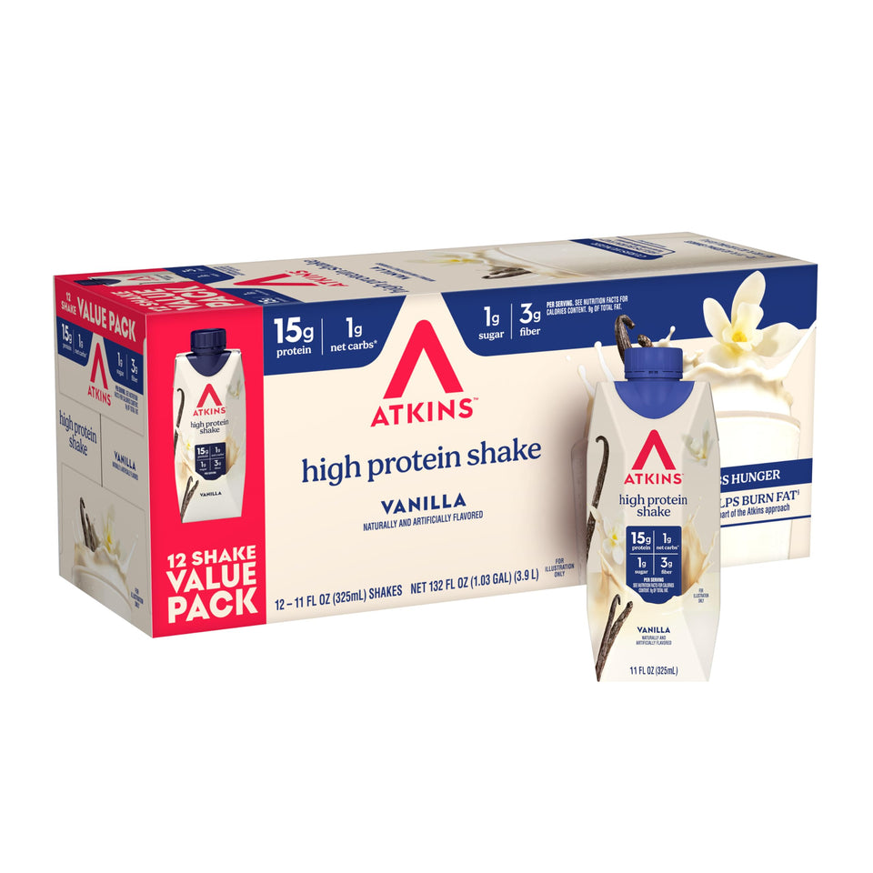 Atkins vanilla high protein shake bottle shows creamy vanilla flavor and convenient on-the-go packaging.