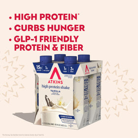 Atkins vanilla shake poured into a glass shows creamy texture.