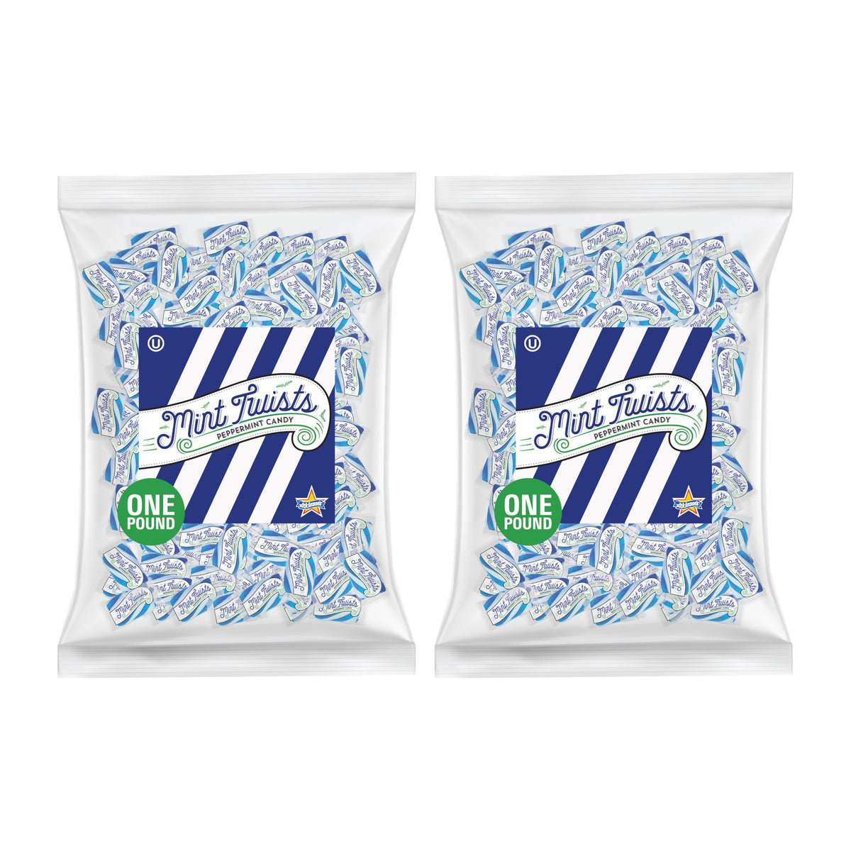 Atkinson's Blue and White Mint Twists bag front shows brand and refreshing peppermint flavor