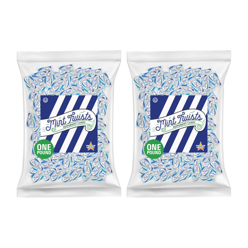 Atkinson's Blue and White Mint Twists bag front shows brand and refreshing peppermint flavor