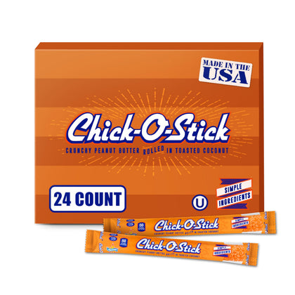 Atkinson's Chick-O-Stick close-up: crunchy peanut butter with toasted coconut; gluten-free indulgence.