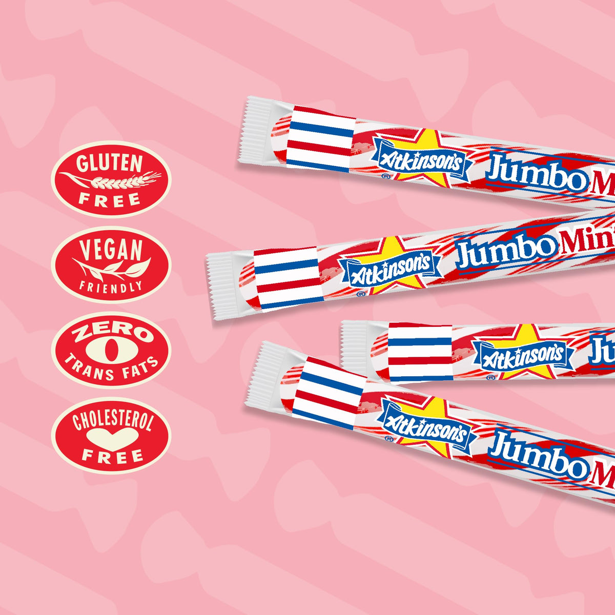 Atkinson's Jumbo Mint Twists packaging label shows kosher, gluten-free, vegan options.