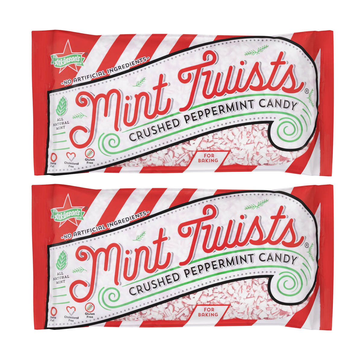 Atkinson's Mint Twists Crushed pack showing bite-sized candy for baking.