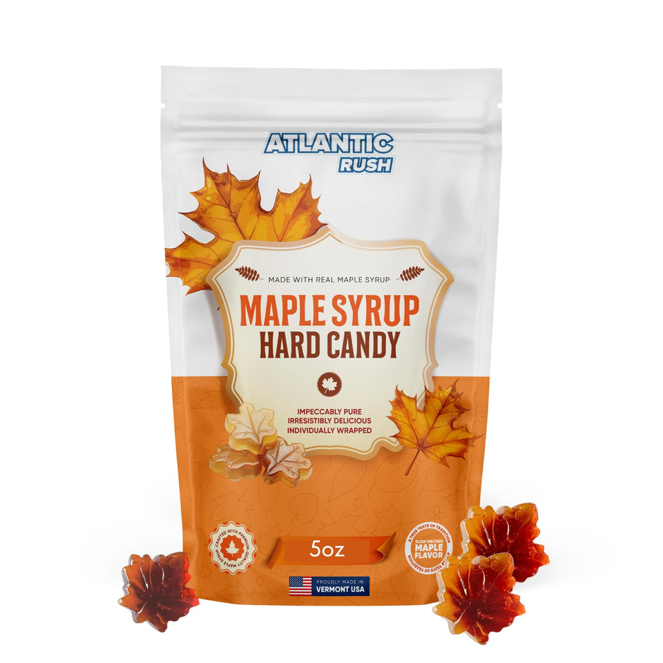 Atlantic Rush maple leaf drop candy in resealable bag for fresh flavor