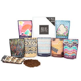 Atlas Coffee Club World Tour 8-pack showcases eight diverse single-origin coffees for flavor exploration.