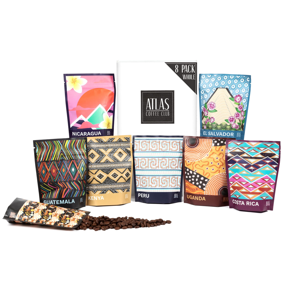 Atlas Coffee Club world tour sampler box highlights eight origins for adventurous coffee lovers to explore flavors.