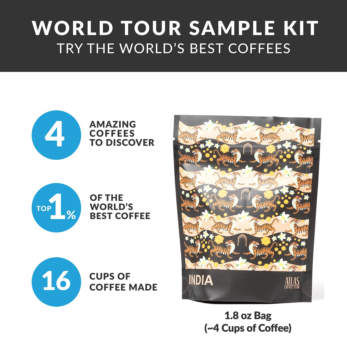Atlas Coffee Club World Tour Set features four single-origin coffees from diverse regions.
