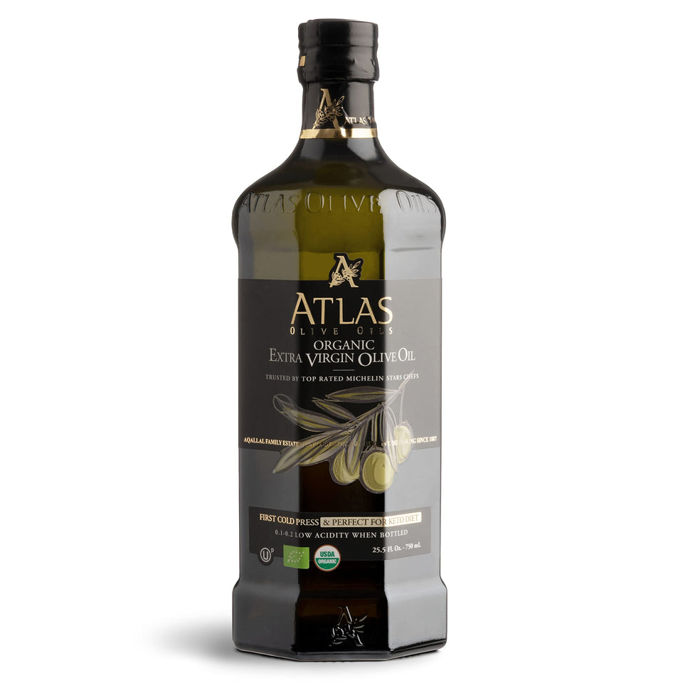 Atlas Olive Oils 750ml glass bottle showcasing premium Moroccan EVOO for drizzling.