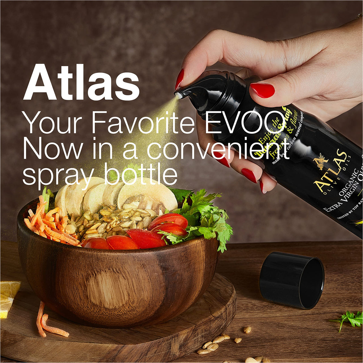 Atlas Olive Oils bottle label closeup highlights organic, polyphenol-rich EVOO.