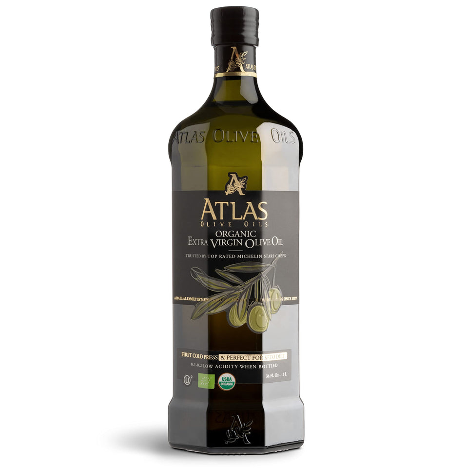Atlas Olive Oils bottle on wood, ideal for everyday Moroccan EVOO use.