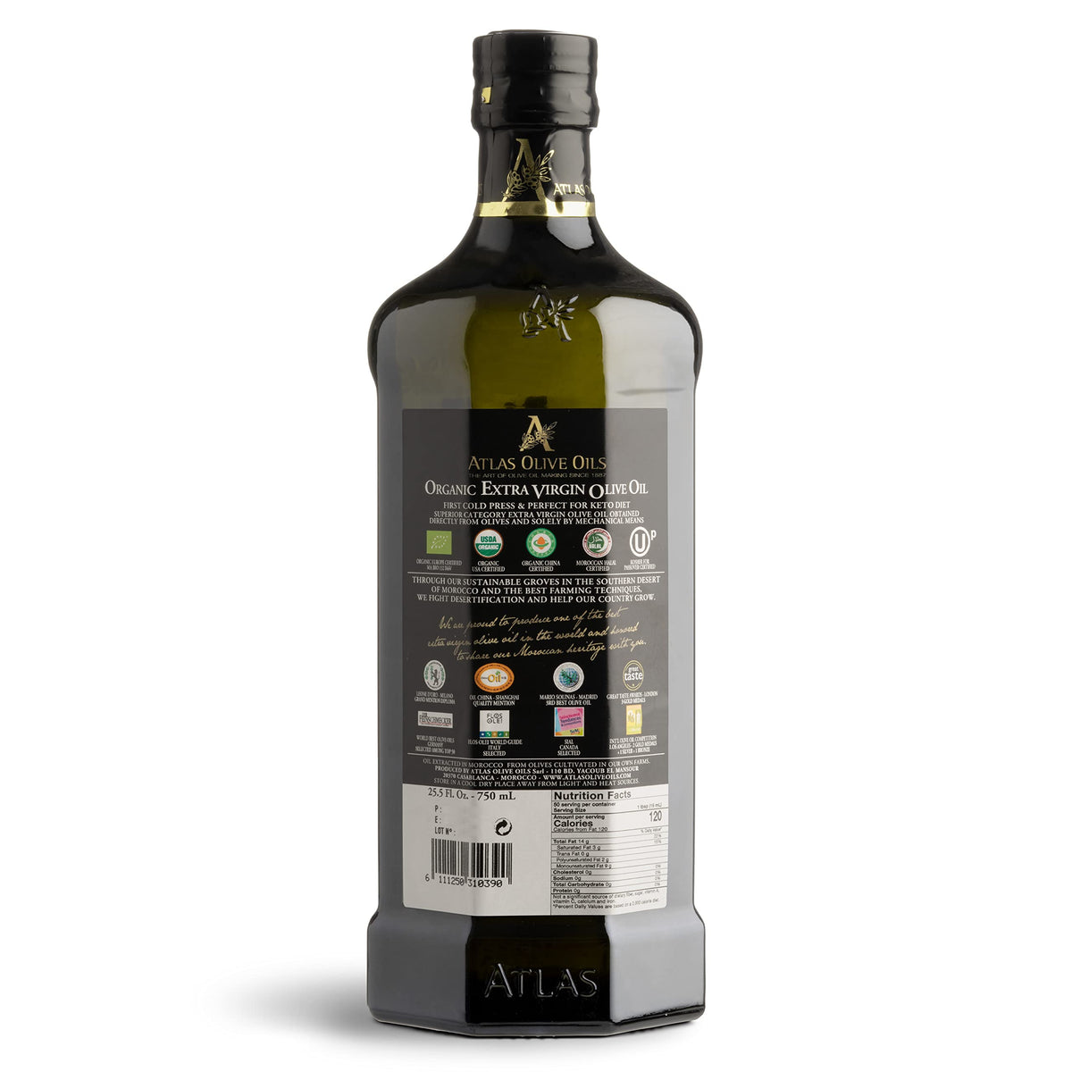Atlas Olive Oils Moroccan origin olives highlight authentic flavor in the bottle.