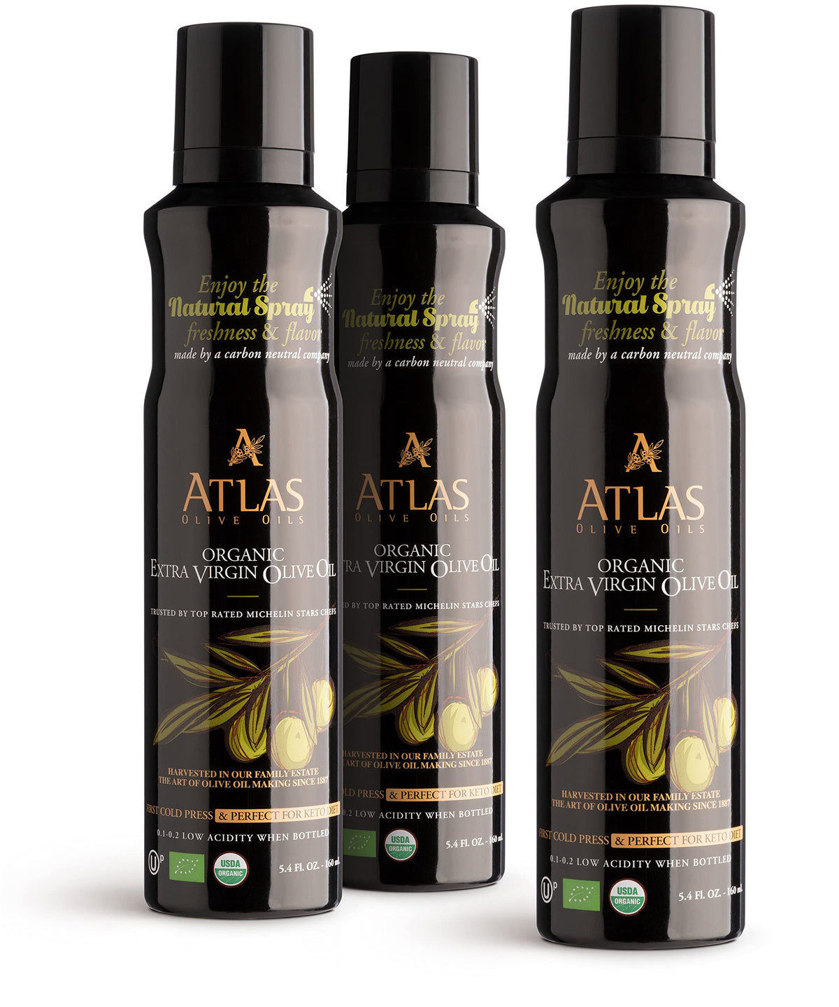 Atlas Olive Oils spray bottle with a fine mist for even salad coating.