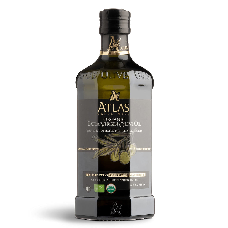 Atlas Organic EVOO bottle on kitchen shelf highlighting premium Moroccan flavor