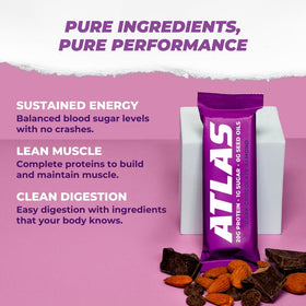 Atlas Protein Bar cross-section texture highlights 20 g protein and soft center.