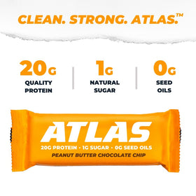 Atlas PB Chocolate Chip flavor blends peanut butter with chocolate for satisfying taste.