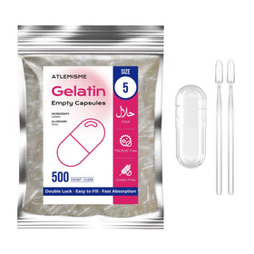 ATLEMISME empty gelatin capsules size 5 packaging, ready for easy DIY filling.
