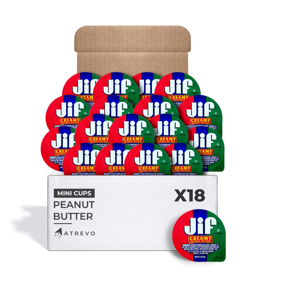 ATREVO Peanut Butter To-Go Cups packaging shows convenient holiday snack packs for office parties