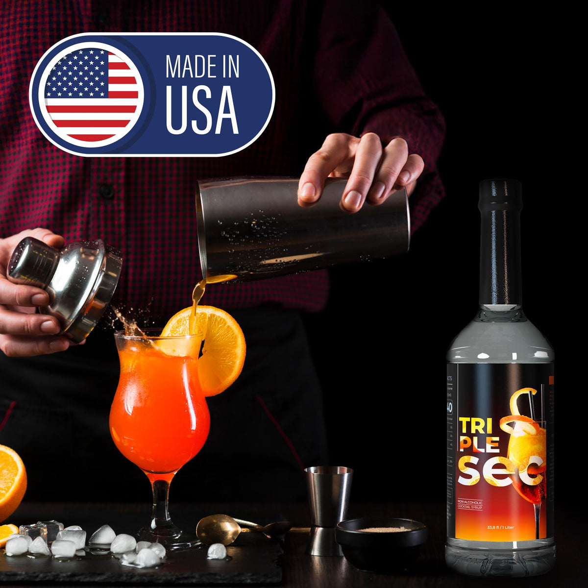 ATREVO orange syrup with pourer in action promotes clean, controlled pours.