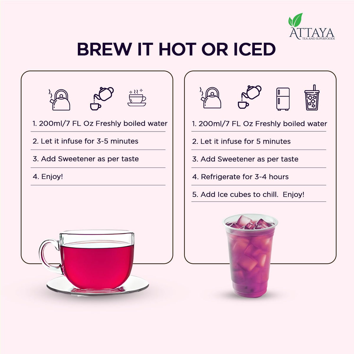 Attaya hibiscus loose flowers hot brew in a cup with aroma.