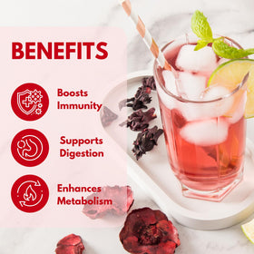 Attaya hibiscus loose flowers iced brew in glass for cooling flavor.